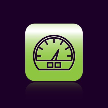 Siyah çizgi hız göstergesi simgesi siyah arkaplanda izole edildi. Yeşil kare düğmesi. Vektör İllüstrasyonu