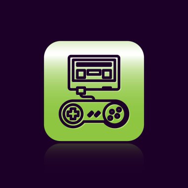Siyah zemin üzerinde joystick simgesi olan siyah çizgi video oyun konsolu. Yeşil kare düğmesi. Vektör İllüstrasyonu