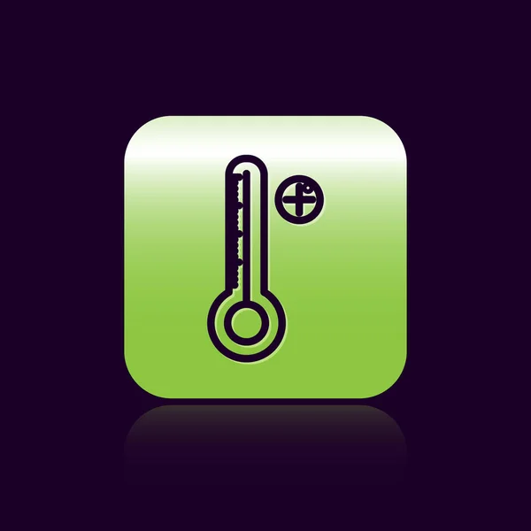 Tıbbi inceleme ikonu için siyah çizgi dijital termometresi siyah arka planda izole edildi. Yeşil kare düğmesi. Vektör İllüstrasyonu — Stok Vektör