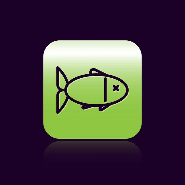 Svart linje fisk ikon isolerad på svart bakgrund. Grön fyrkant. Vektor Illustration — Stock vektor