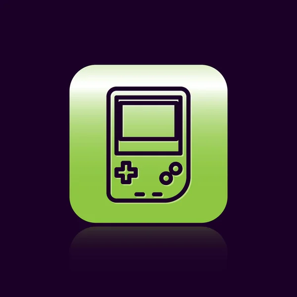 Línea negra Icono de consola de videojuegos portátil aislado sobre fondo negro. Señal de mando. Concepto de juego. Botón cuadrado verde. Ilustración vectorial — Vector de stock