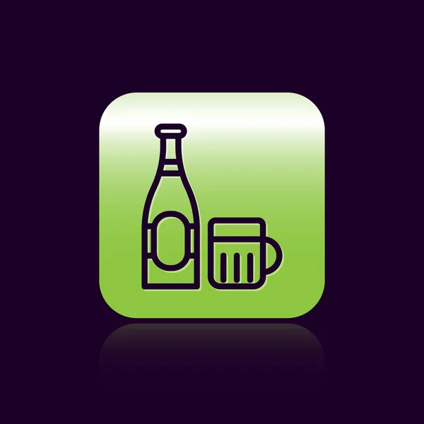 黑线啤酒瓶和玻璃图标隔离在黑色背景. 酒精饮料的象征。 绿色正方形按钮。 病媒图解 — 图库矢量图片