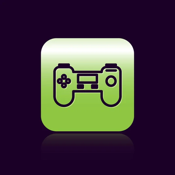 Zwarte lijn Gamepad pictogram geïsoleerd op zwarte achtergrond. Spelregelaar. Groene vierkante knop. Vector Illustratie — Stockvector