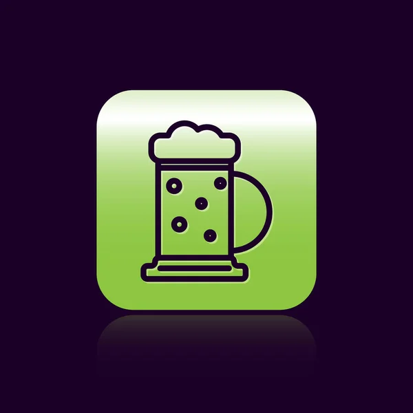 Černá čára Dřevěný pivní hrnek ikona izolované na černém pozadí. Zelený knoflík. Vektorová ilustrace — Stockový vektor