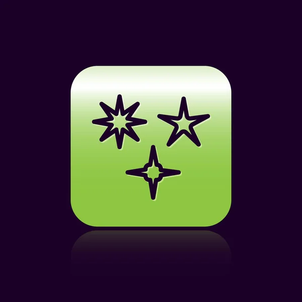 Black line Falling star icon isolated on black background. Meteoroid, meteorite, comet, asteroid, star icon. Green square button. Vector Illustration — 스톡 벡터