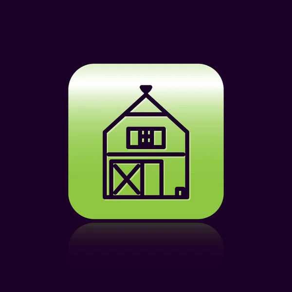 Zwarte lijn Farm House concept icoon geïsoleerd op zwarte achtergrond. Landschap van de boerderij. Groene vierkante knop. Vector Illustratie — Stockvector