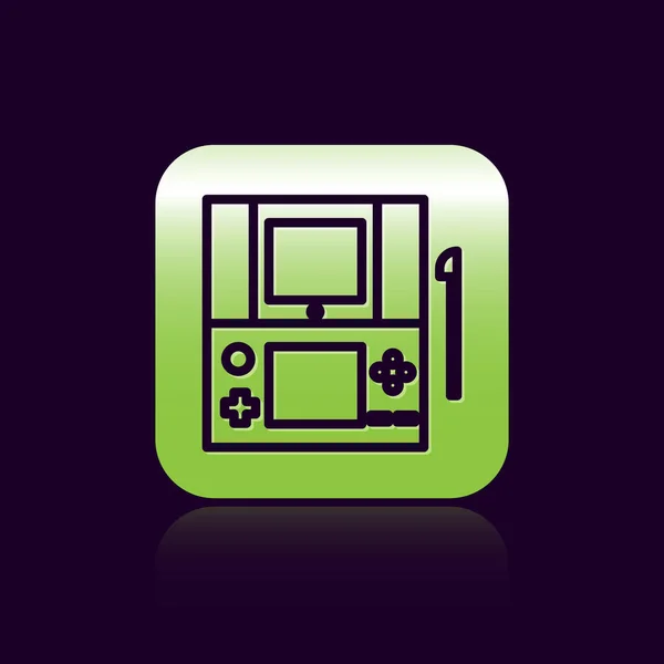 Černá čára Přenosná ikona herní konzole izolované na černém pozadí. Znamení Gamepad. Herní koncept. Zelený knoflík. Vektorová ilustrace — Stockový vektor