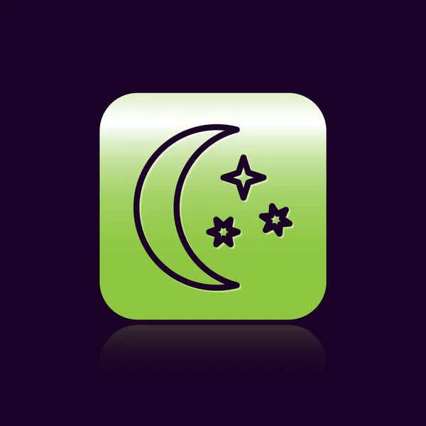 Black line Moon and stars icon isolated on black background. Green square button. Vector Illustration — Stock Vector