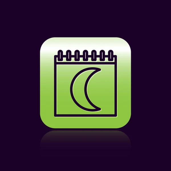 Fekete vonal Hold fázisok naptár ikon elszigetelt fekete háttér. Zöld négyzet gomb. Vektorillusztráció — Stock Vector