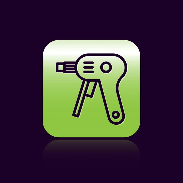 Black line Electric hot glue gun icon isolated on black background. Hot pistol glue. Hot repair work appliance silicone. Green square button. Vector Illustration — Stock Vector