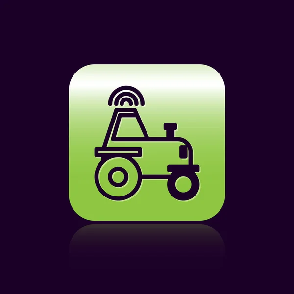 Black Line selbstfahrender drahtloser Traktor auf einem Smart Farm Symbol isoliert auf schwarzem Hintergrund. intelligente Landwirtschaft implementieren Element. grüne quadratische Taste. Vektorillustration — Stockvektor