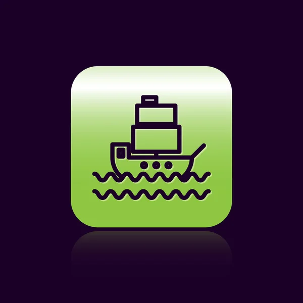 Schwarze Linie Schiff Symbol isoliert auf schwarzem Hintergrund. grüne quadratische Taste. Vektorillustration — Stockvektor