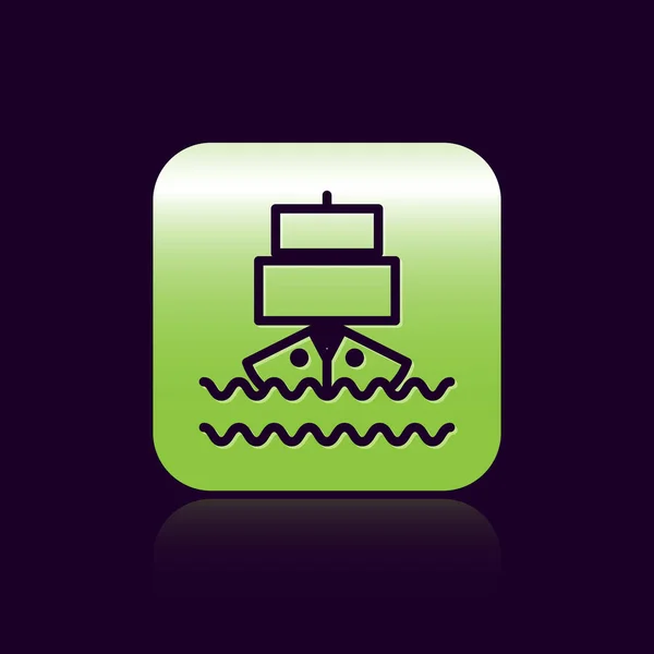 黒い線黒の背景に隔離された船のアイコン。緑の四角形のボタンベクターイラスト — ストックベクタ