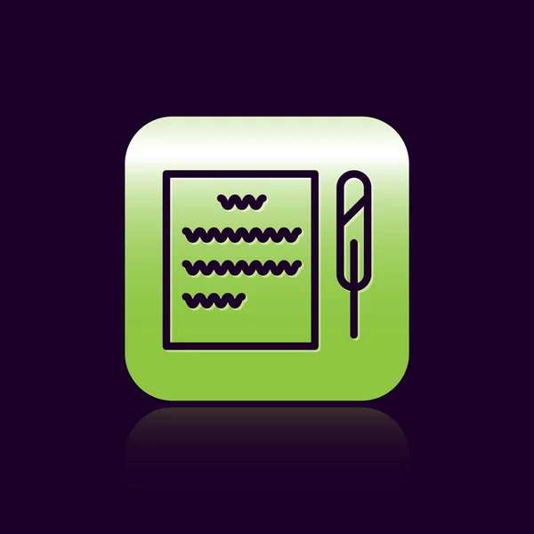 Black line Feather pen and paper scroll icon isolated on black background. Green square button. Vector Illustration — 스톡 벡터
