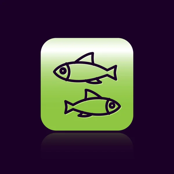 Línea negra Icono de pescado aislado sobre fondo negro. Botón cuadrado verde. Ilustración vectorial — Vector de stock