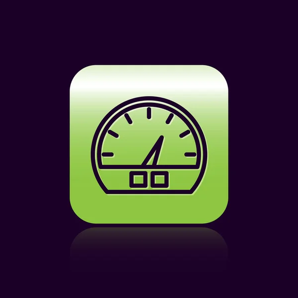 Black line Speedometer icon isolated on black background. Green square button. Vector Illustration — 스톡 벡터
