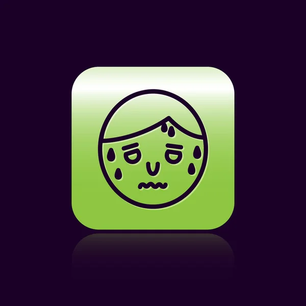 Black line Man with excessive sweating icon isolated on black background. Green square button. Vector Illustration — 스톡 벡터