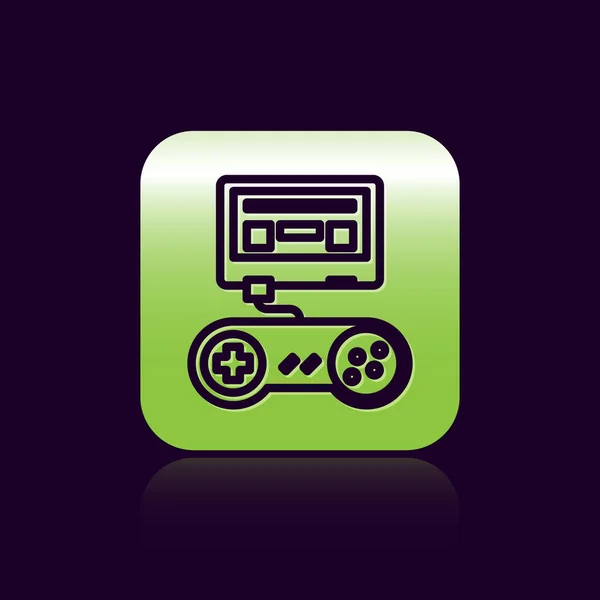 Черная линия Консоль видеоигры с иконкой джойстика изолированы на черном фоне. Зеленая квадратная кнопка. Векторная миграция — стоковый вектор
