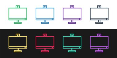 Bilgisayar monitörü simgesini siyah ve beyaz arkaplanda izole et. Bilgisayar bileşeni işareti. Vektör İllüstrasyonu