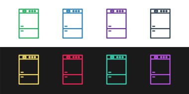 Buzdolabı simgesini siyah beyaz arkaplanda ayır. Buzdolabı buzdolabı. Ev aletleri ve aletler. Vektör İllüstrasyonu