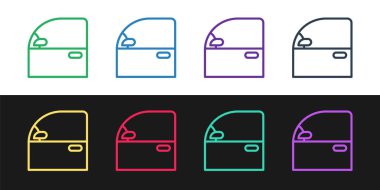 Siyah beyaz arka planda izole edilmiş çizgi araba kapısı simgesi. Vektör İllüstrasyonu