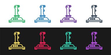 Oyun makinesi simgesi için çizgi Joystick 'i siyah ve beyaz arkaplanda izole et. Joystick oyun alanı. Vektör İllüstrasyonu