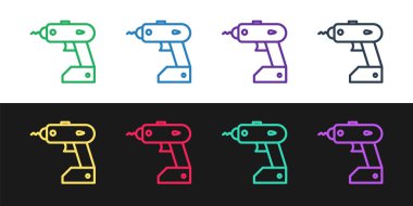 Elektrik kablosuz tornavida simgesini siyah ve beyaz arkaplanda izole et. Elektrikli matkap. Tamir aleti. Vektör İllüstrasyonu