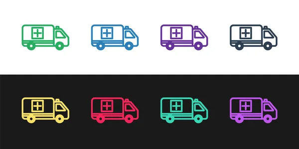 Set Line Krankenwagen und Notarztwagen-Symbol isoliert auf schwarz-weißem Hintergrund. Rettungswagen medizinische Evakuierung. Vektorillustration — Stockvektor