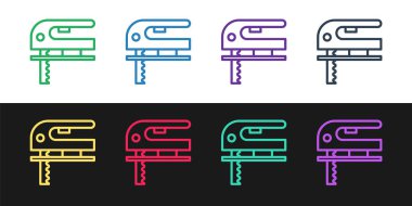 Siyah ve beyaz arka planda çelik keskin bıçak ikonu olan elektrikli testereyi ayarla. Ahşap işçiliği için elektrikli alet. Vektör İllüstrasyonu