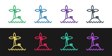 Okyanus ikonundaki tropikal ada siyah beyaz arka planda izole edildi. Okyanus ve palmiyelerle kaplı bir manzara. Seyahat et. Vektör İllüstrasyonu