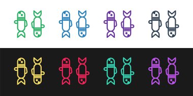 Siyah ve beyaz arkaplanda Balık burcu simgesi belirle. Astrolojik yıldız falı koleksiyonu. Vektör İllüstrasyonu