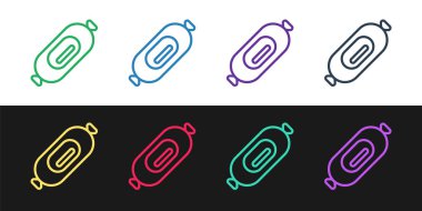 Siyah ve beyaz arkaplanda izole edilmiş Salami sosis simgesi satırı. Et şarküteri ürünü. Vektör İllüstrasyonu