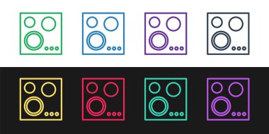 Gaz ocağı simgesini siyah beyaz arkaplanda izole et. Mutfak tabelaları. Dört daire ocağı olan bir hob. Vektör İllüstrasyonu