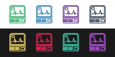 Çizgi bilgisayar monitörünü siyah beyaz arkaplanda kardiyogram simgesi ile izole et. Simge denetleniyor. Kalp atışı elle çizilmiş EKG monitörü. Vektör İllüstrasyonu