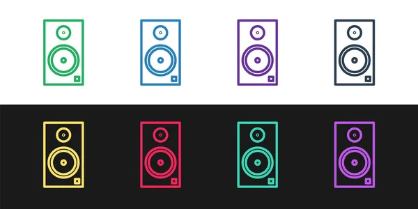 Set Line-Stereo-Lautsprechersymbol isoliert auf schwarz-weißem Hintergrund. Soundsystem-Lautsprecher. Musik-Ikone. Musiksäule Lautsprecher Bass Ausrüstung. Vektorillustration — Stockvektor