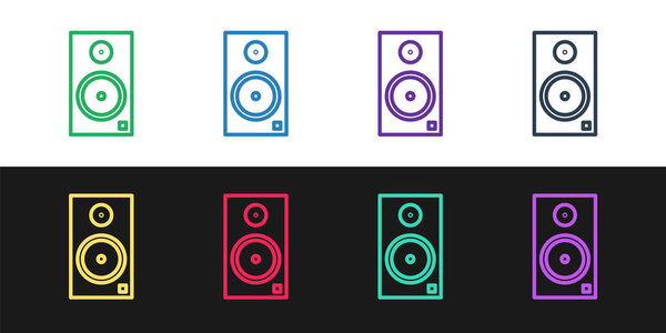 Set line Stereo speaker icon isolated on black and white background. Sound system speakers. Music icon. Musical column speaker bass equipment. Vector Illustration