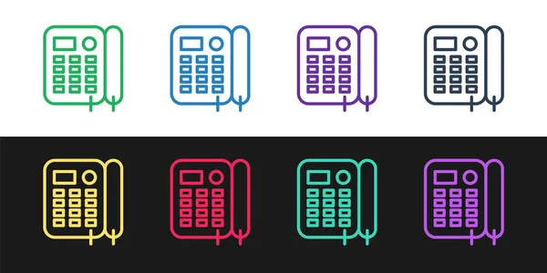 Linientelefon-Symbol isoliert auf schwarzem und weißem Hintergrund setzen. Festnetztelefon. Vektorillustration — Stockvektor