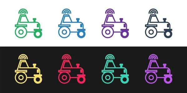 Set Line selbstfahrenden drahtlosen Traktor auf einem Smart Farm Symbol isoliert auf schwarz-weißem Hintergrund. intelligente Landwirtschaft implementieren Element. Vektorillustration — Stockvektor