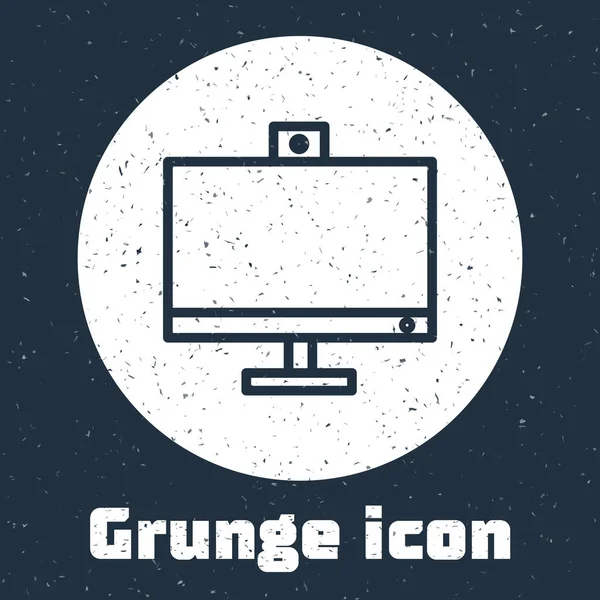 Grunge Line Computerbildschirm-Symbol isoliert auf grauem Hintergrund. PC-Komponenten-Zeichen. Monochrome Vintage-Zeichnung. Vektorillustration — Stockvektor