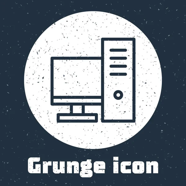 Grunge Line Computerbildschirm-Symbol isoliert auf grauem Hintergrund. PC-Komponenten-Zeichen. Monochrome Vintage-Zeichnung. Vektorillustration — Stockvektor