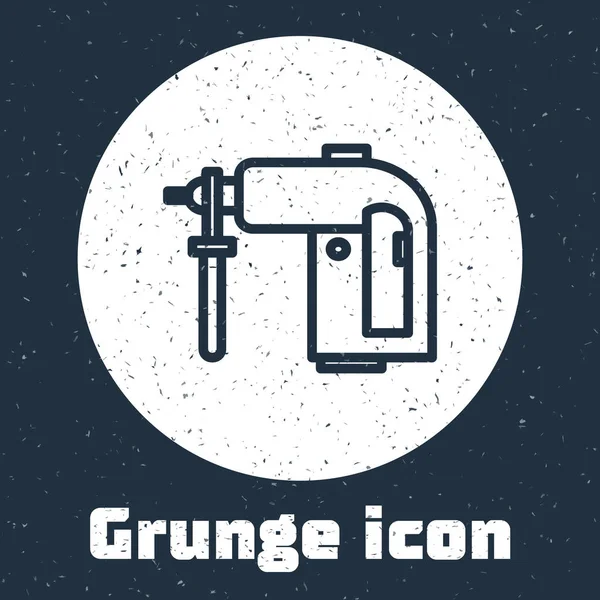 Grunge line Electric rotary hammer drill machine icon isolated on grey background. Working tool for construction, finishing, repair work. Monochrome vintage drawing. Vector Illustration — 스톡 벡터