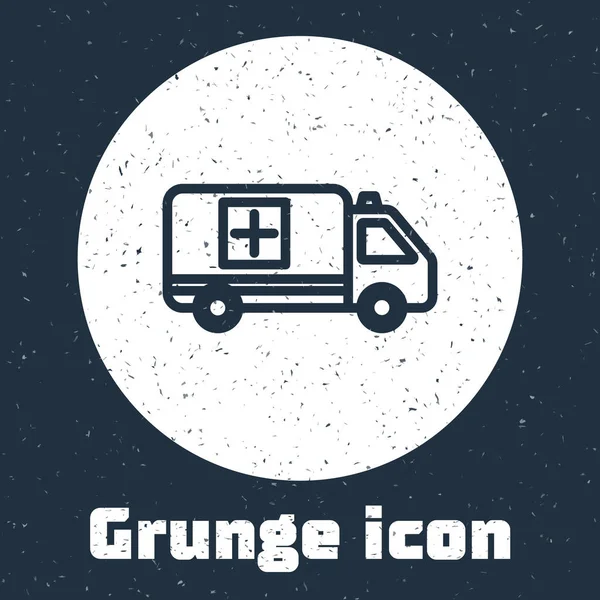Grunge line Ambulance and emergency car icon isolated on grey background. Ambulance vehicle medical evacuation. Monochrome vintage drawing. Vector Illustration — Stock Vector