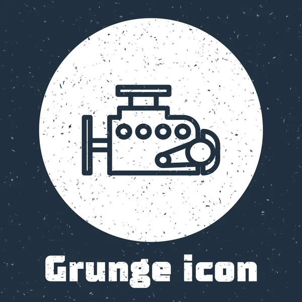 Grunge line Car engine icon isolated on grey background. Monochrome vintage drawing. Vector Illustration — Stock Vector