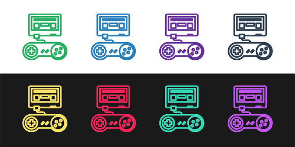 Set line Video game console with joystick icon isolated on black and white background. Vector Illustration