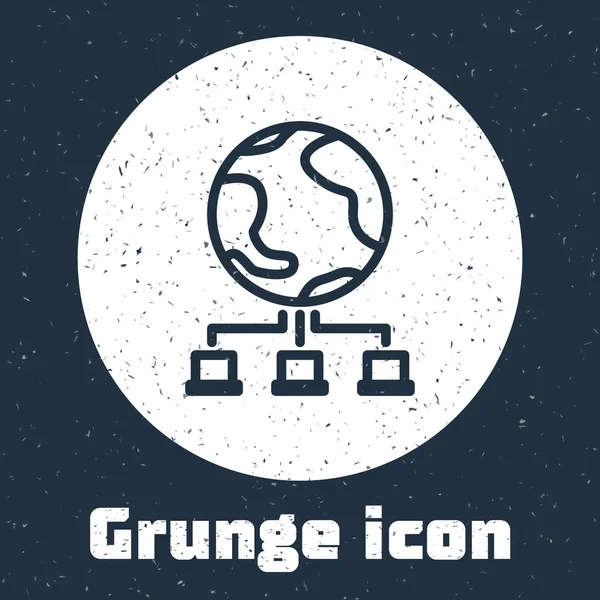 Grunge line Computer network icon isolated on grey background. Online gaming. Laptop network. Internet connection. Monochrome vintage drawing. Vector Illustration — Stock Vector