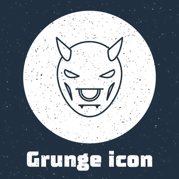Línea Grunge Máscara del diablo con cuernos icono aislado sobre fondo gris. Dibujo vintage monocromo. Ilustración vectorial — Vector de stock