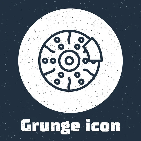 Grunge line Disco de freno de coche con icono de pinza aislado sobre fondo gris. Dibujo vintage monocromo. Ilustración vectorial — Vector de stock