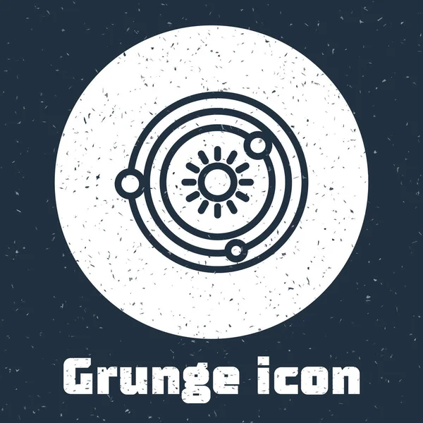 Grunge vonal Naprendszer ikon elszigetelt szürke alapon. A bolygók a csillag körül keringenek. Monokróm vintage rajz. Vektorillusztráció — Stock Vector