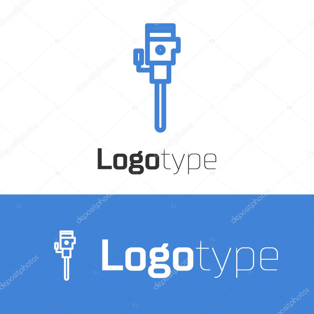 Blue line Construction jackhammer icon isolated on white background. Logo design template element. Vector Illustration