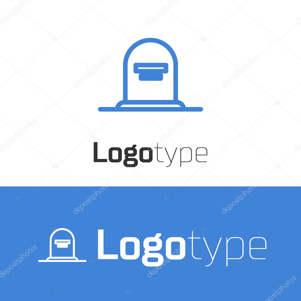 Blue line Tombstone with RIP written on it icon isolated on white background. Grave icon. Logo design template element. Vector Illustration